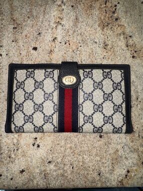 Gucci Blue and Red Monogram Continental Wallet with Gold Accent